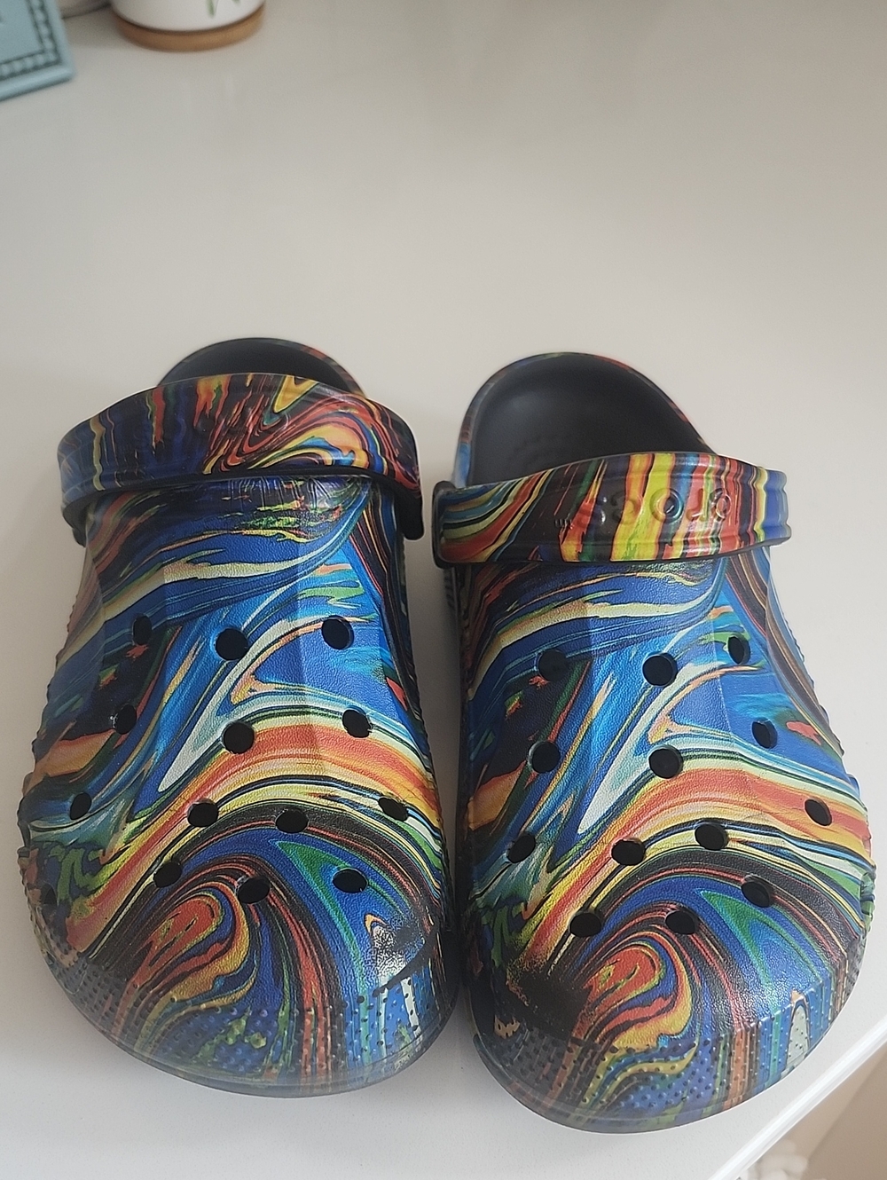 CROCS Multicolor Swirl Classic Clog - Blue, Yellow, Red, Green, Black